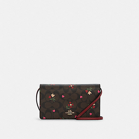 COACH C7656 Anna Foldover Clutch Crossbody In Signature Canvas With Heart Petal Print GOLD/BROWN-MULTI
