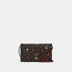 Anna Foldover Clutch Crossbody In Signature Canvas With Heart Petal Print - C7656 - GOLD/BROWN MULTI