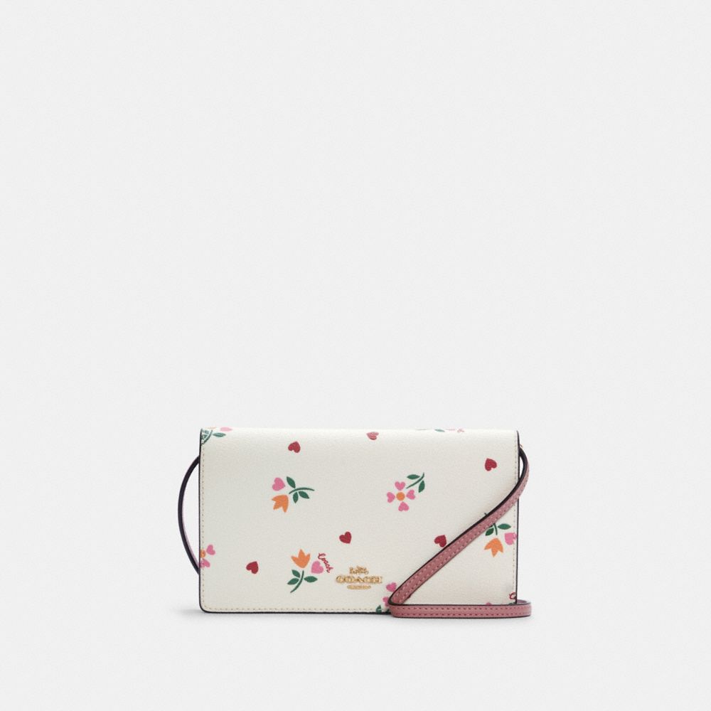 COACH Anna Foldover Clutch Crossbody With Heart Petal Print - GOLD/CHALK MULTI - C7657