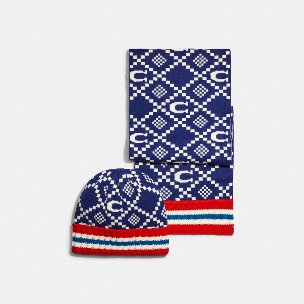 COACH C7671 Jacquard Hat And Scarf Set NAVY/RED