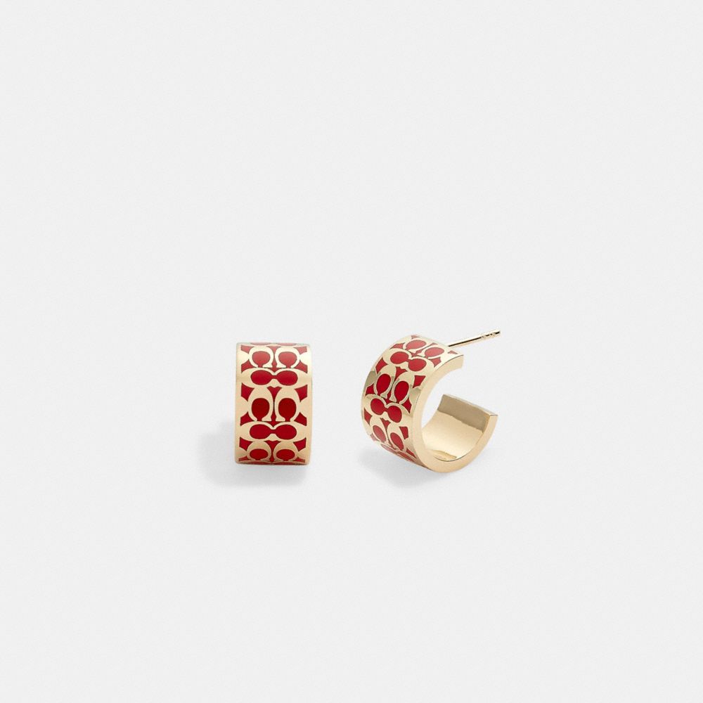 COACH C7770 Signature Enamel Huggie Earrings RED/GOLD