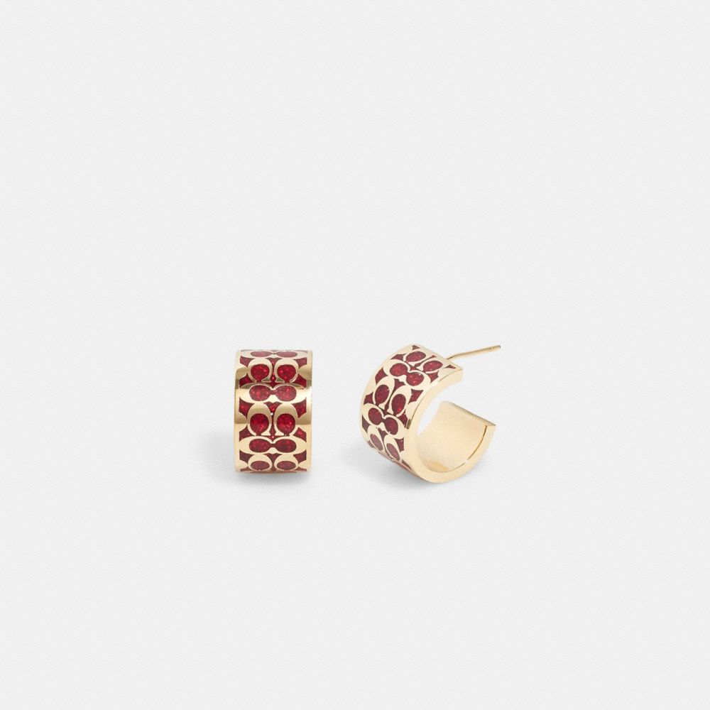 COACH C7770 Signature Enamel Huggie Earrings GOLD/RED GLITTER