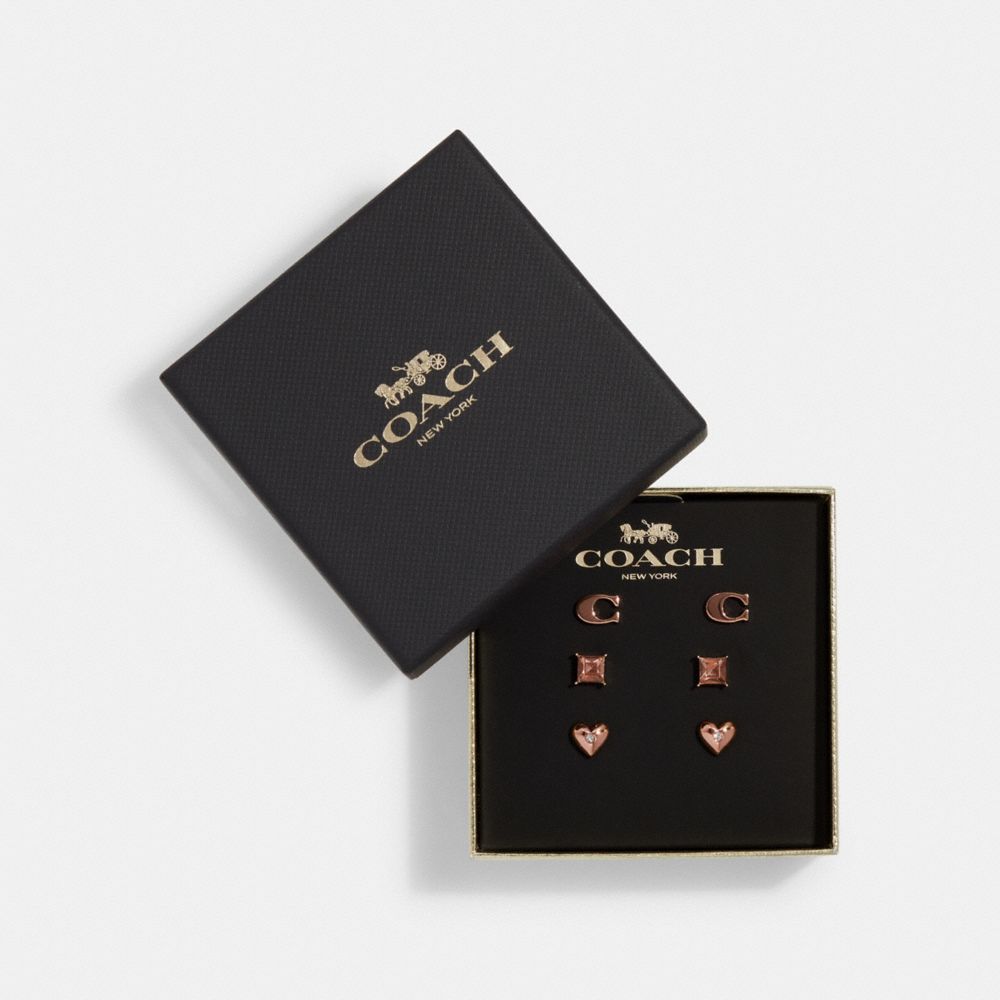 Signature And Pave Heart Stud Earrings Set - C7789 - ROSE GOLD