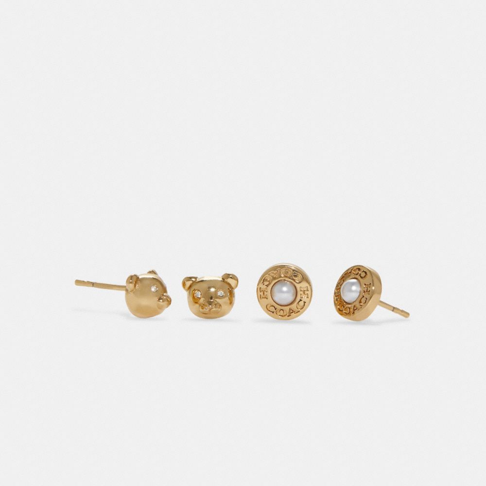 Bear And Pearl Stud Earrings Set - C7792 - Gold