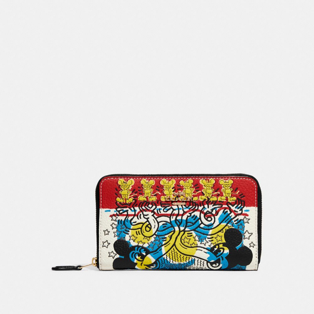 COACH C7801 Disney Mickey Mouse X Keith Haring Medium Id Zip Wallet GOLD/BLACK MULTI