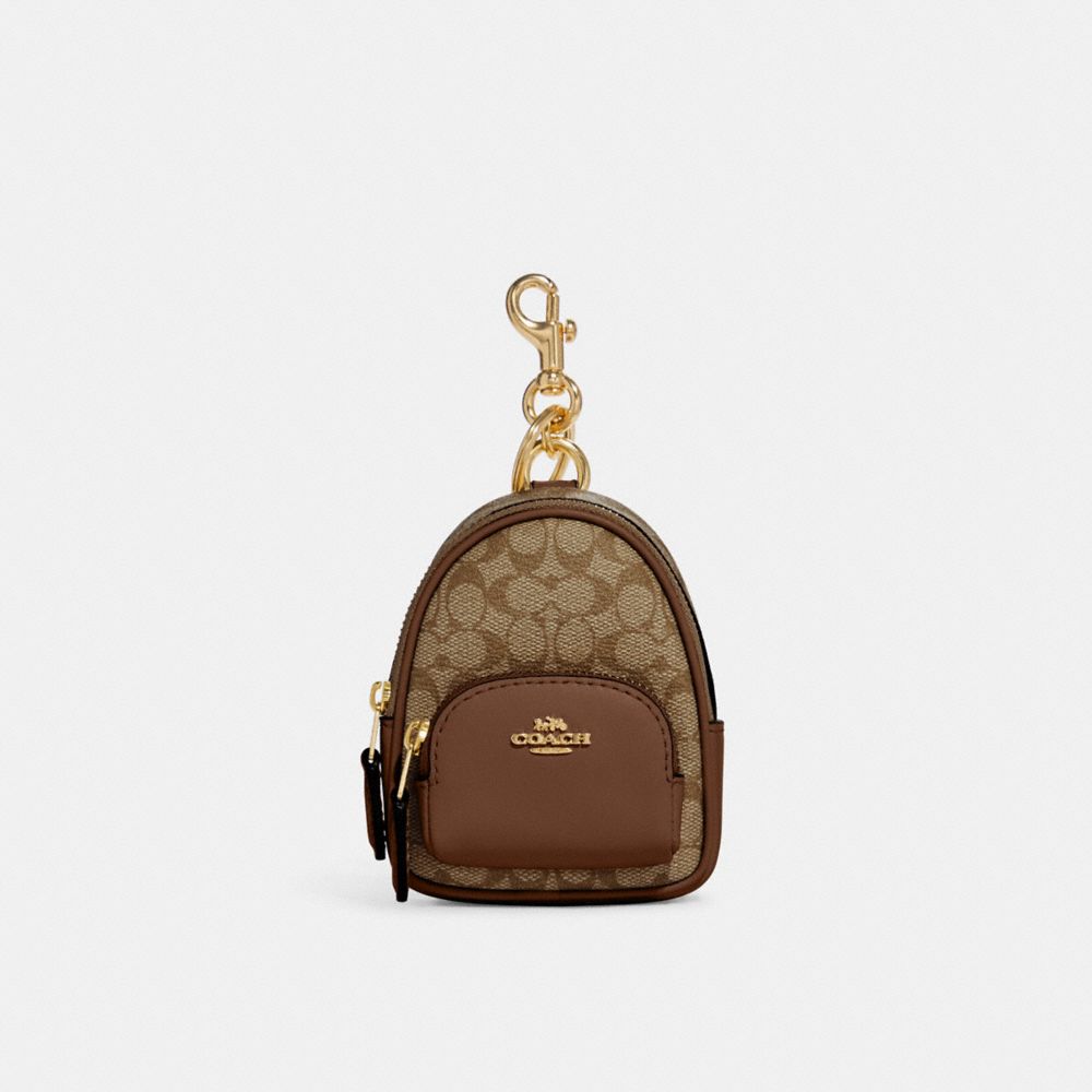 COACH C7803 Mini Court Backpack Bag Charm In Signature Canvas Gold/Khaki Saddle