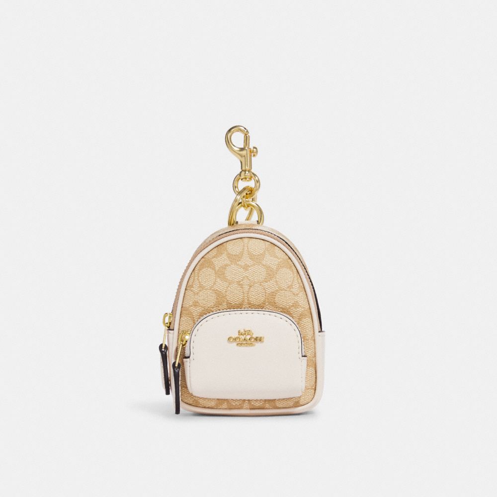 Mini Court Backpack Bag Charm In Signature Canvas - C7803 - GOLD/LIGHT KHAKI CHALK