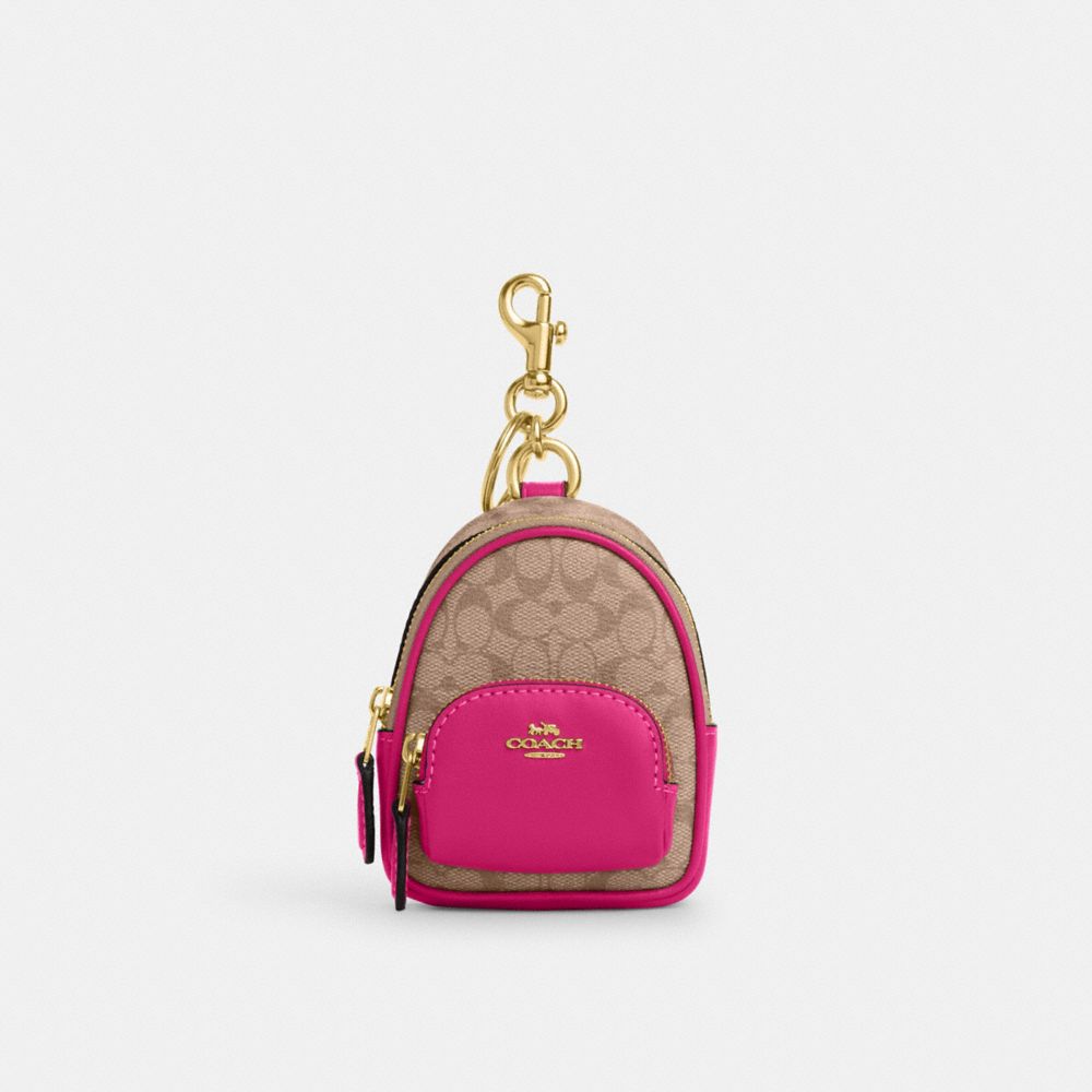 COACH C7803 Mini Court Backpack Bag Charm In Signature Canvas Im/Khaki/Cerise