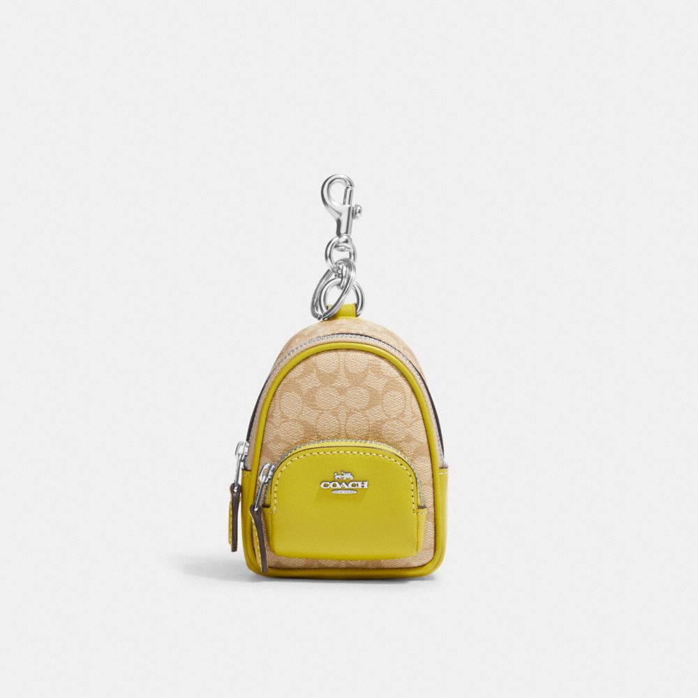 COACH C7803 Mini Court Backpack Bag Charm In Signature Canvas Silver/Light Khaki/Key Lime