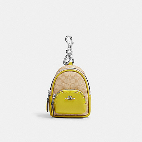 COACH C7803 Mini Court Backpack Bag Charm In Signature Canvas Silver/Light-Khaki/Key-Lime