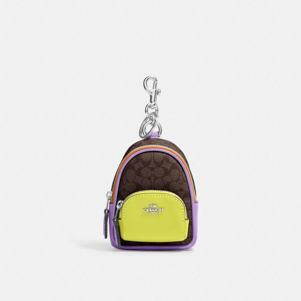 COACH C7803 Mini Court Backpack Bag Charm In Signature Canvas SV/BROWN/IRIS MULTI