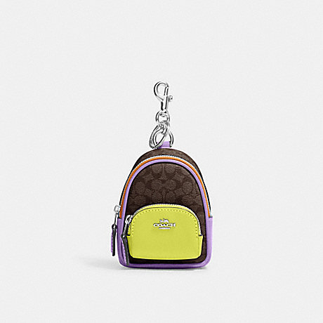 COACH C7803 Mini Court Backpack Bag Charm In Signature Canvas Sv/Brown/Iris Multi