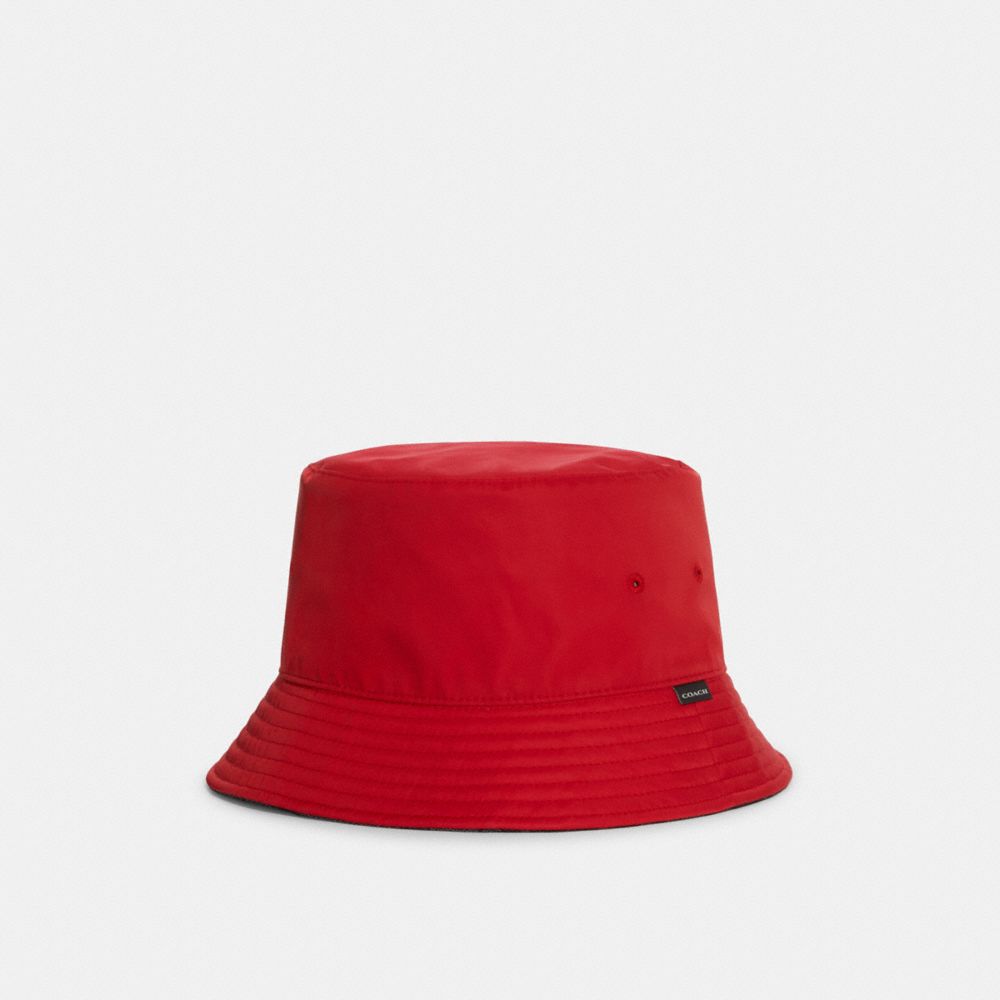 COACH C7821 Reversible Nylon Bucket Hat Mars Red/Charcoal Signature