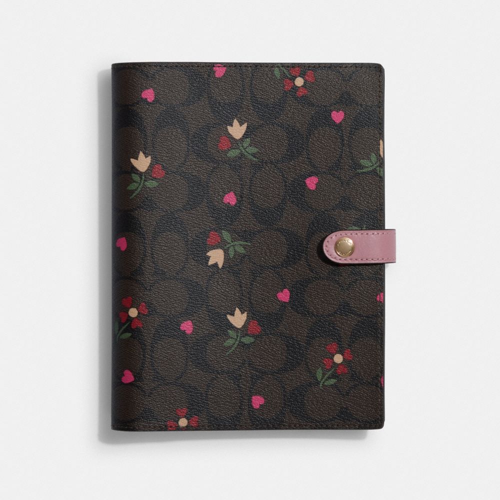 COACH C7852 Notebook In Signature Canvas With Heart Petal Print CHESTNUT TRUE PINK