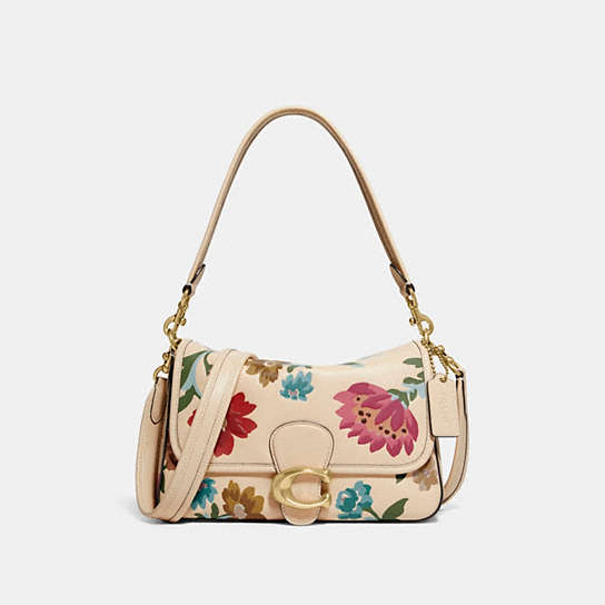 C7878 - Soft Tabby Shoulder Bag With Floral Bouquet Print Brass/Ivory