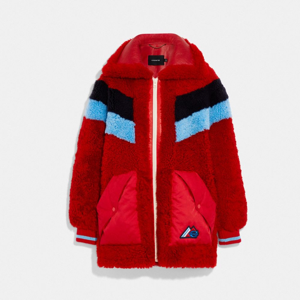 C7903 - Colorblocked Ski Shearling Jacket Red/Dark Navy