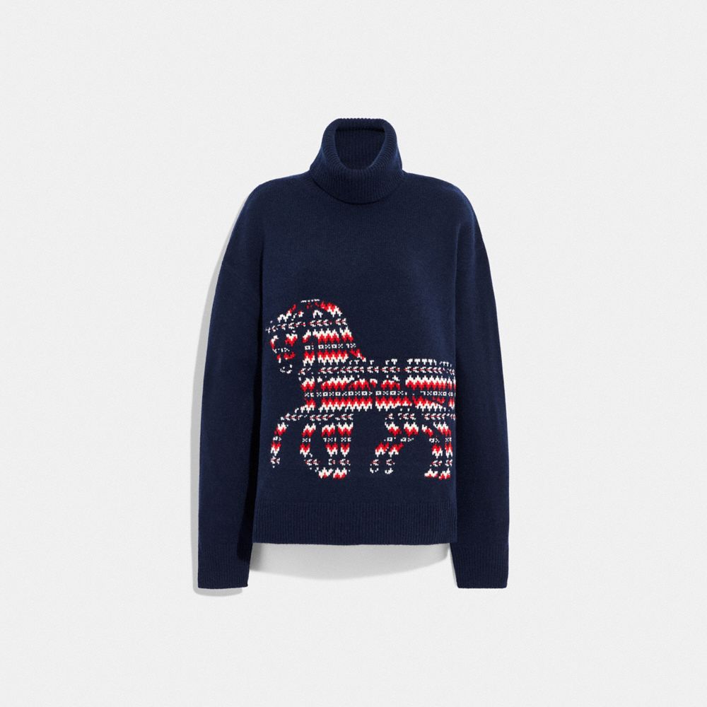 COACH C7918 Horse And Carriage Intarsia Turtleneck Sweater In Recycled Wool And Cashmere Navy