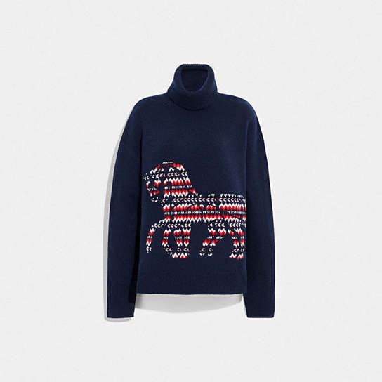 C7918 - Horse And Carriage Intarsia Turtleneck Sweater In Recycled Wool And Cashmere Navy