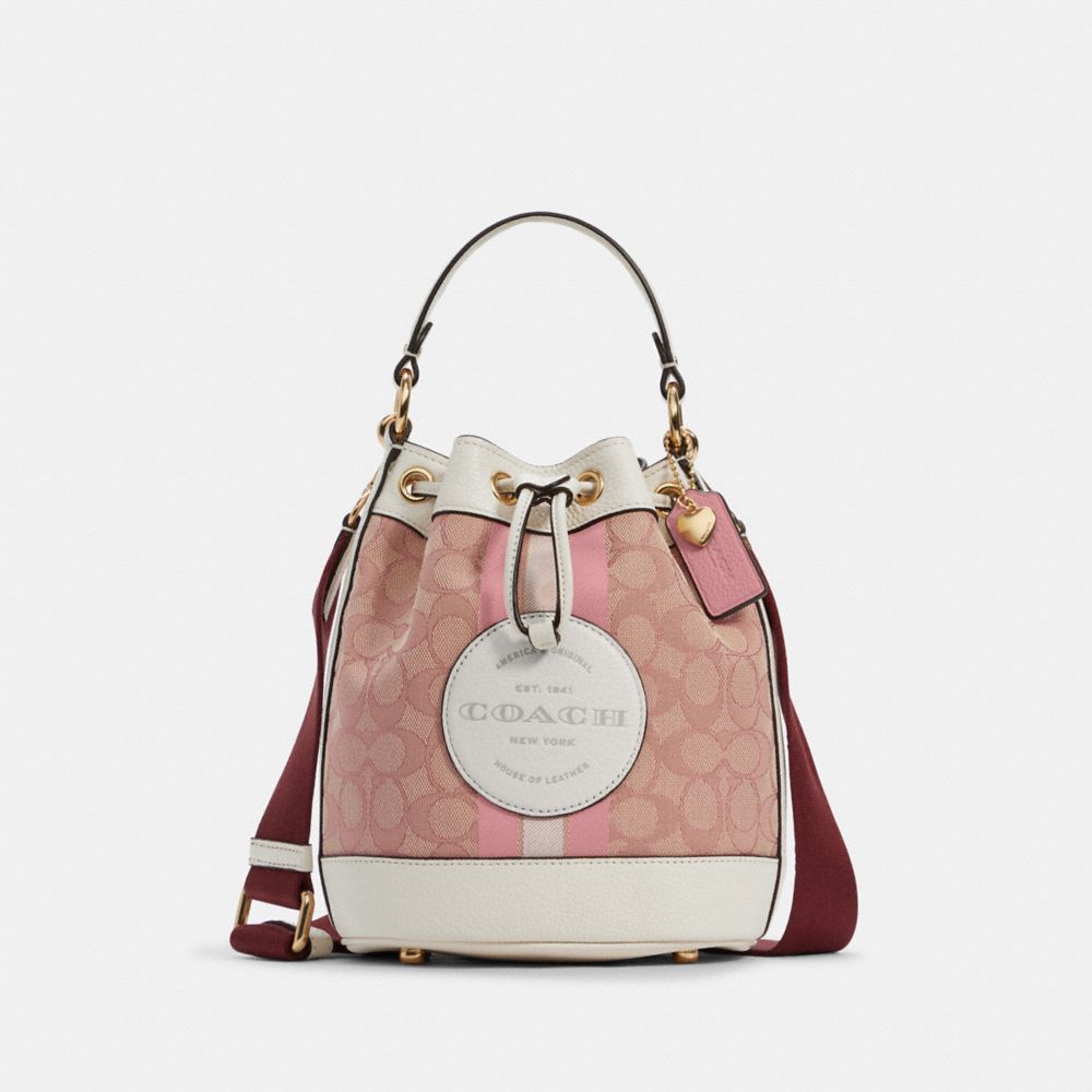 COACH C7964 - Dempsey Bucket Bag 19 In Signature Jacquard With Coach Patch And Heart Charm GOLD/CHALK/PINK MULTI