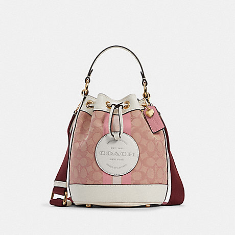 COACH C7964 Dempsey Bucket Bag 19 In Signature Jacquard With Coach Patch And Heart Charm GOLD/CHALK/PINK-MULTI