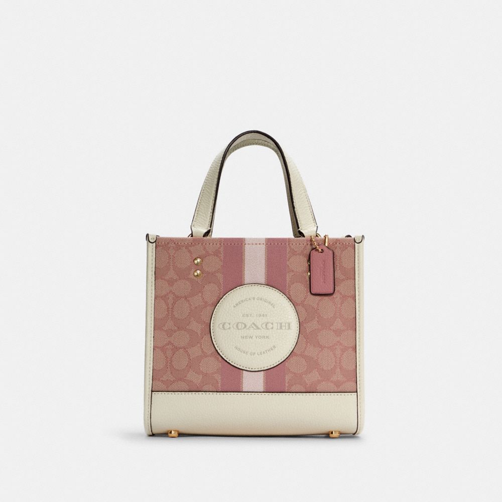COACH C7965 Dempsey Tote 22 In Signature Jacquard With Coach Patch And Heart Charm GOLD/CHALK/PINK MULTI