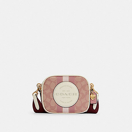 COACH Mini Dempsey Camera Bag In Signature Jacquard With Coach Patch And Heart Charm - GOLD/CHALK/PINK MULTI - C7978