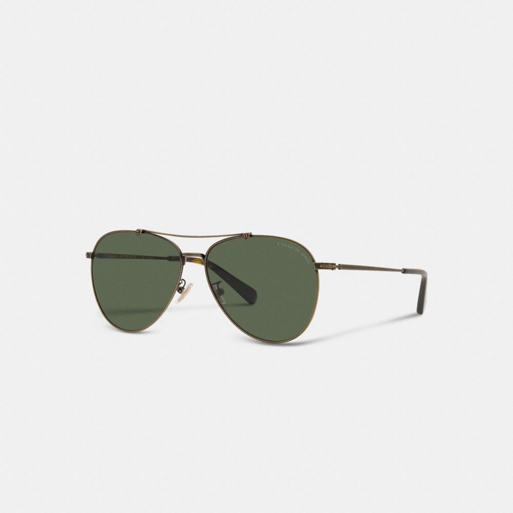 COACH C8005 Signature Metal Aviator Sunglasses Antique Gold/Dark Green