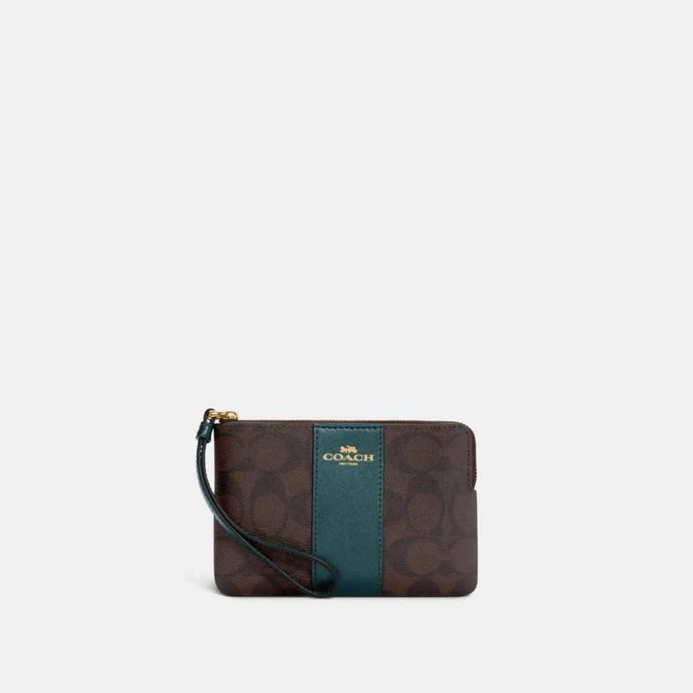 Corner Zip Wristlet In Signature Canvas - C8110 - GOLD/BROWN/METALLIC IVY