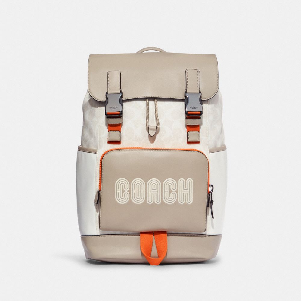 COACH Track Backpack In Colorblock Signature Canvas With Coach - GUNMETAL/CHALK BONE MULTI - C8130