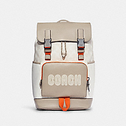 COACH Track Backpack In Colorblock Signature Canvas With Coach - GUNMETAL/CHALK BONE MULTI - C8130