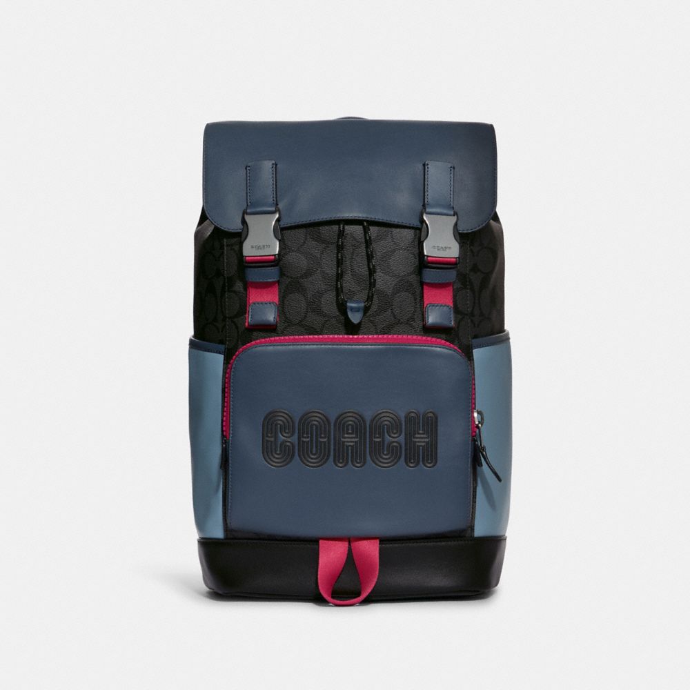 COACH C8130 - Track Backpack In Colorblock Signature Canvas With Coach GUNMETAL/CHARCOAL DENIM MULTI