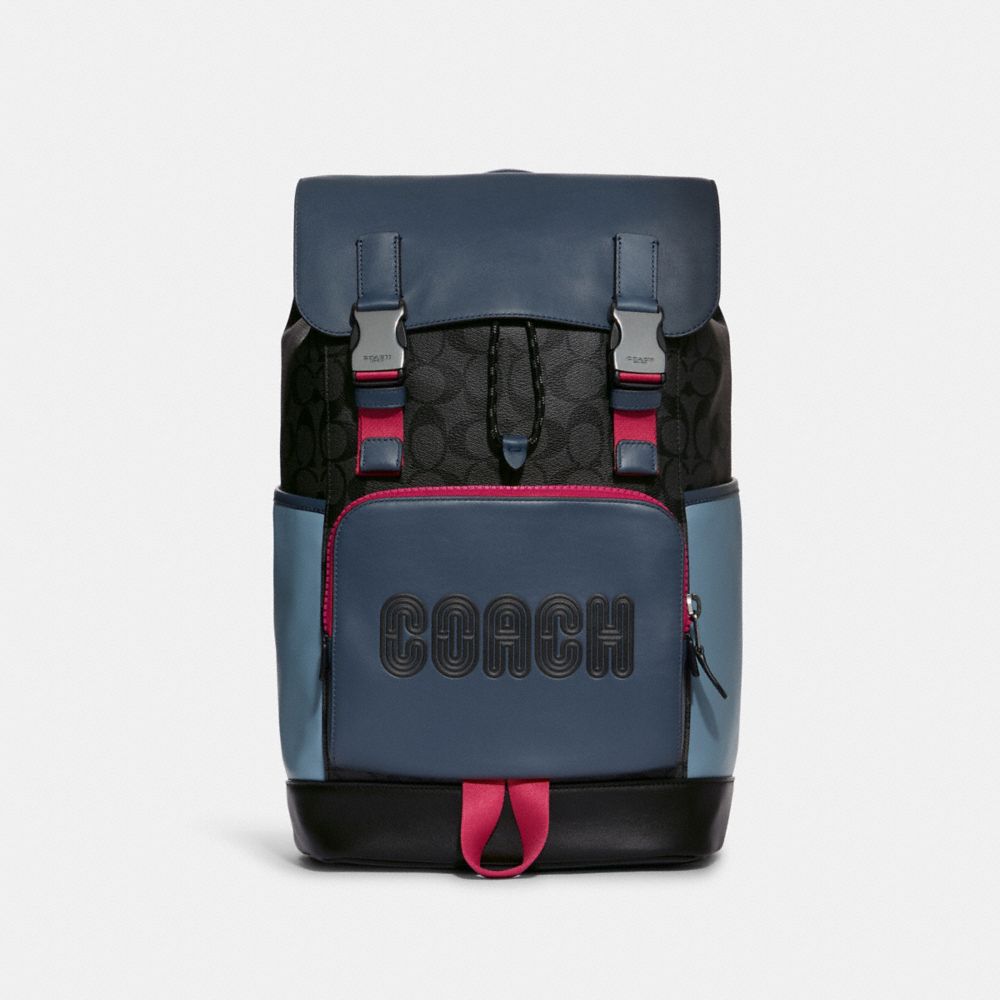 COACH C8130 Track Backpack In Colorblock Signature Canvas With Coach GUNMETAL/CHARCOAL DENIM MULTI