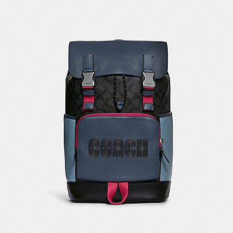 COACH C8130 Track Backpack In Colorblock Signature Canvas With Coach GUNMETAL/CHARCOAL-DENIM-MULTI