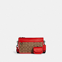 COACH C8141 Heritage Convertible Crossbody With Hybrid Pouch In Colorblock Signature Canvas GUNMETAL/KHAKI/MIAMI RED