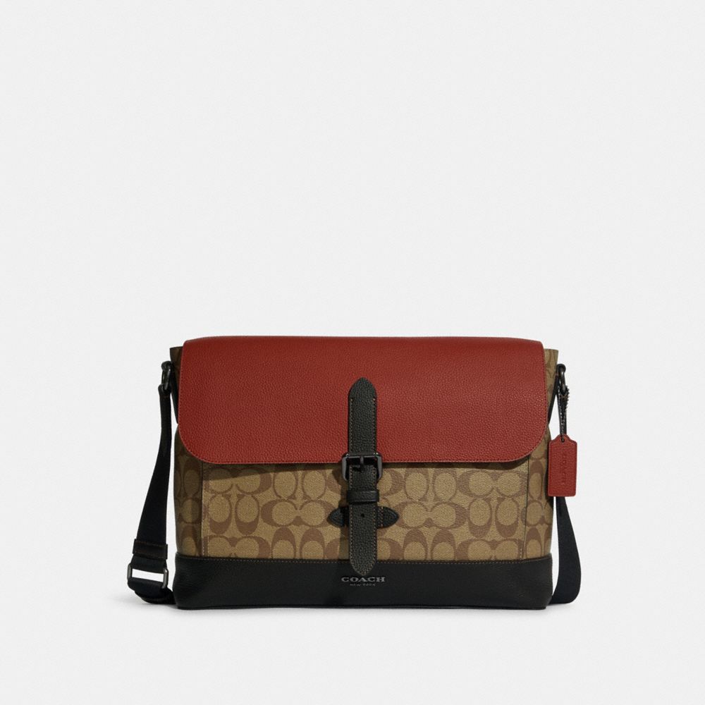 Hudson Messenger In Colorblock Signature Canvas - C8142 - GUNMETAL/KHAKI TERRACOTTA MULTI