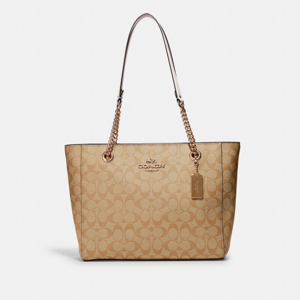 Cammie Chain Tote In Signature Canvas - C8148 - GOLD/LIGHT KHAKI CHALK