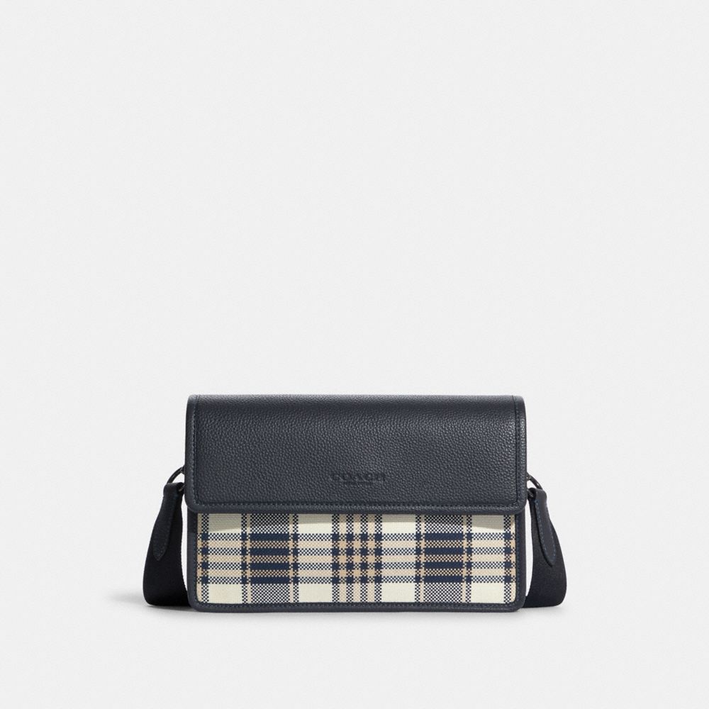 COACH Turner Flap Crossbody With Garden Plaid Print - GUNMETAL/DENIM MULTI - C8186