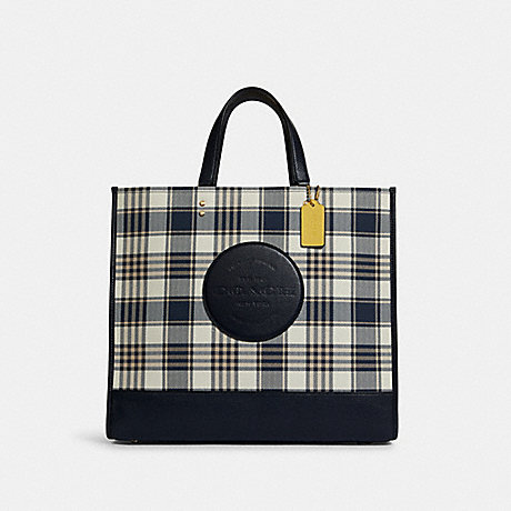 COACH Dempsey Tote 40 With Garden Plaid Print And Coach Patch - GOLD/MIDNIGHT MULTI - C8200
