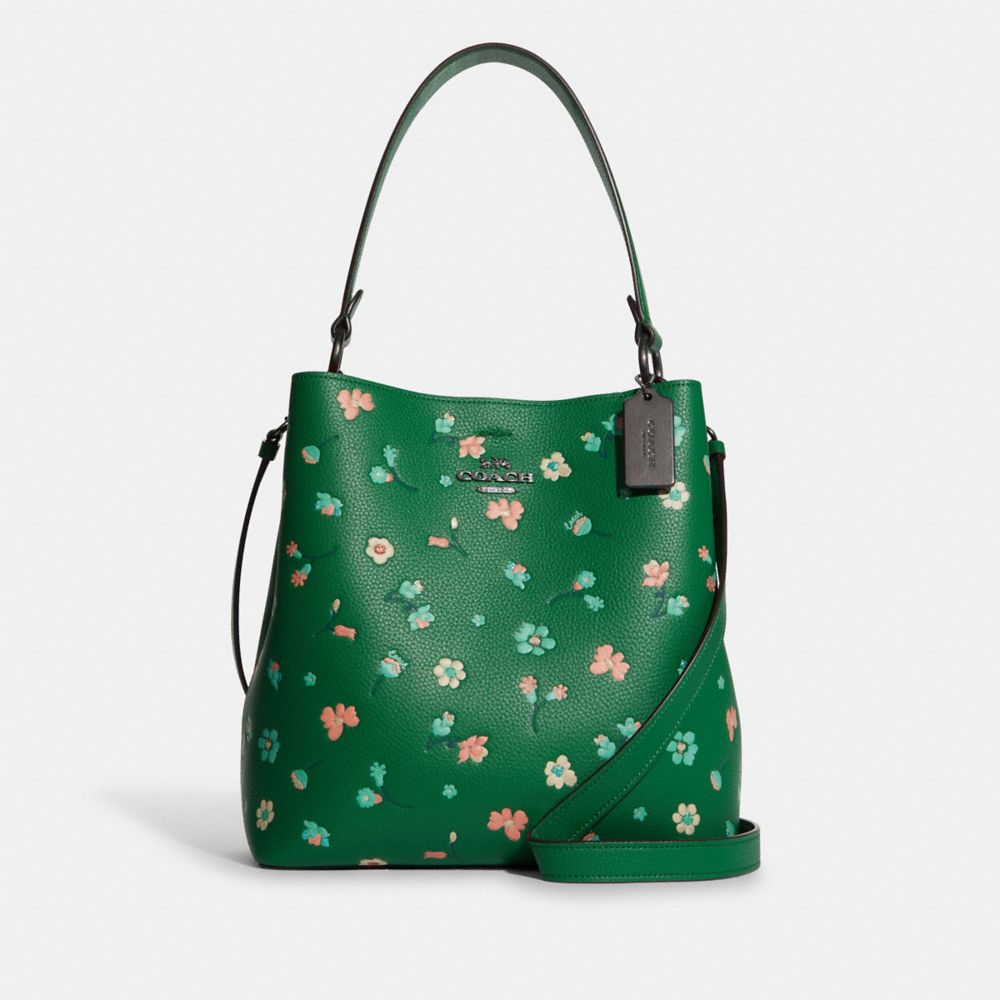 Town Bucket Bag With Mystical Floral Print - C8214 - GUNMETAL/GREEN MULTI