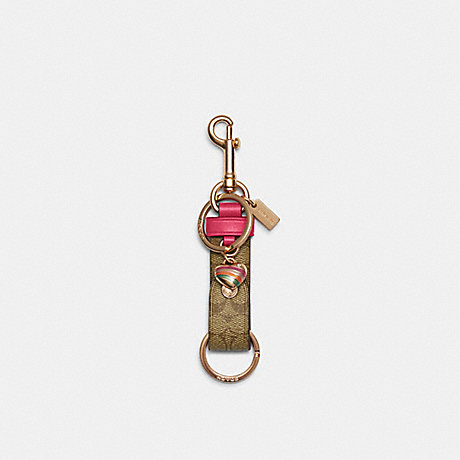 COACH Trigger Snap Bag Charm In Signature Canvas With Heart Charm - GOLD/KHAKI BOLD PINK - C8218