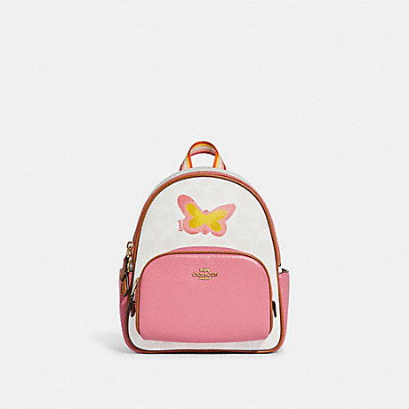 COACH C8257 Mini Court Backpack In Signature Canvas With Butterfly GOLD/CHALK/TAFFY MULTI