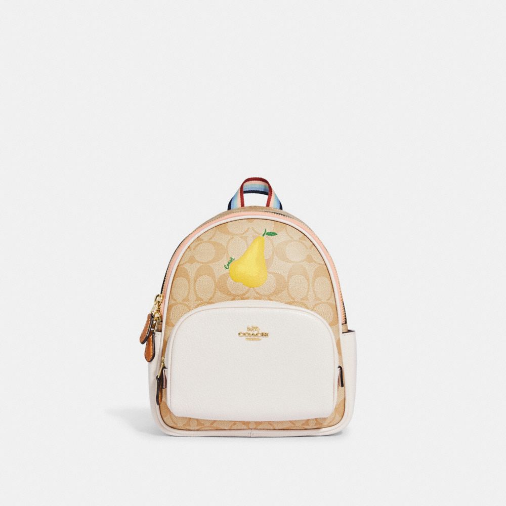 Mini Court Backpack In Signature Canvas With Pear - C8258 - GOLD/LIGHT KHAKI CHALK MULTI