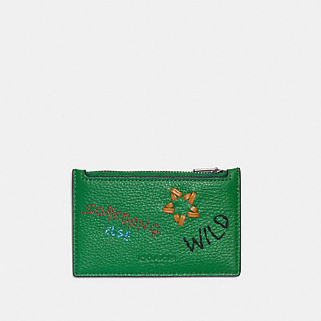 COACH Zip Card Case With Diary Embroidery - GUNMETAL/GREEN MULTI - C8263