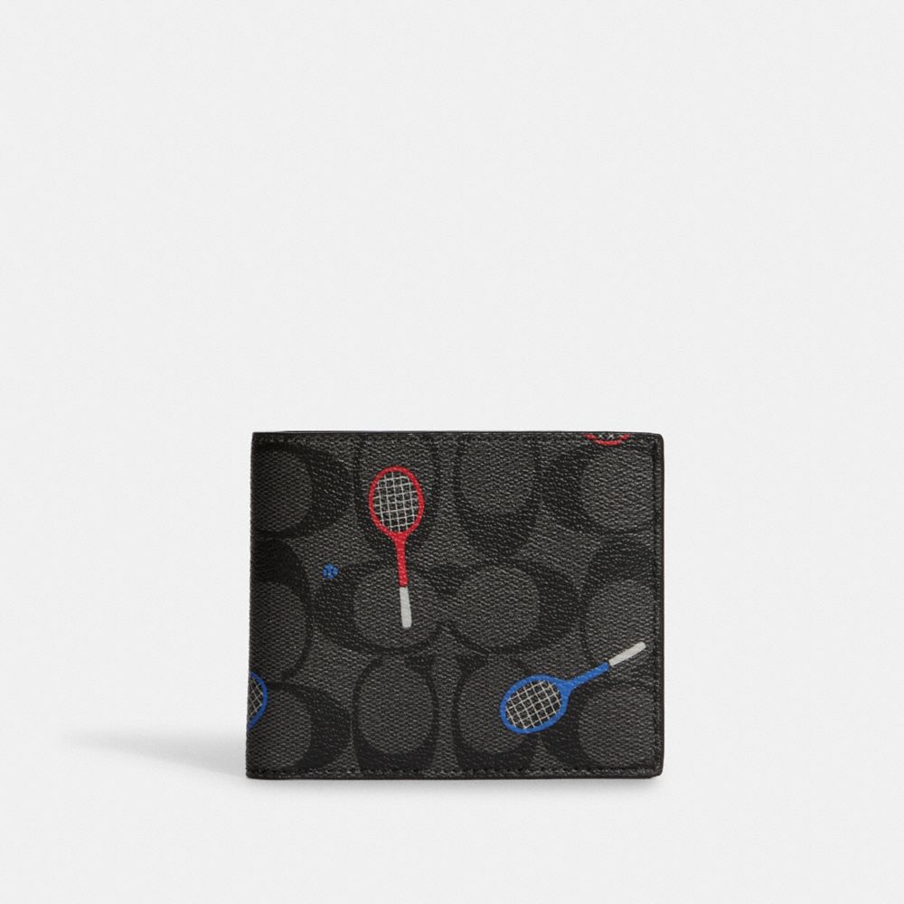 Id Billfold Wallet In Signature Canvas With Racquet Print - C8267 - GUNMETAL/CHARCOAL MULTI