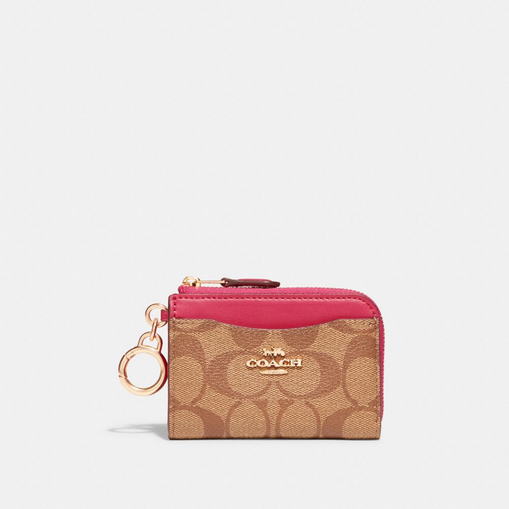 COACH C8275 - L Zip Card Case In Signature Canvas GOLD/KHAKI/BOLD PINK