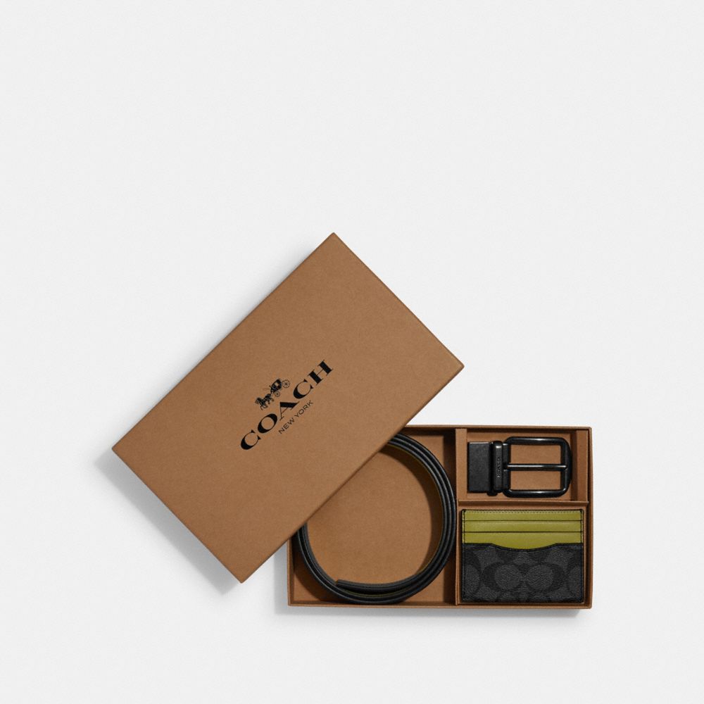 Boxed Card Case And Belt Gift Set In Colorblock Signature Canvas - C8278 - GUNMETAL/CHARCOAL/LIME GREEN