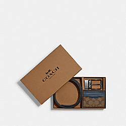 COACH C8278 Boxed Card Case And Belt Gift Set In Colorblock Signature Canvas GUNMETAL/KHAKI/DENIM