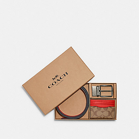 COACH C8278 Boxed Card Case And Belt Gift Set In Colorblock Signature Canvas GUNMETAL/KHAKI/MIAMI-RED