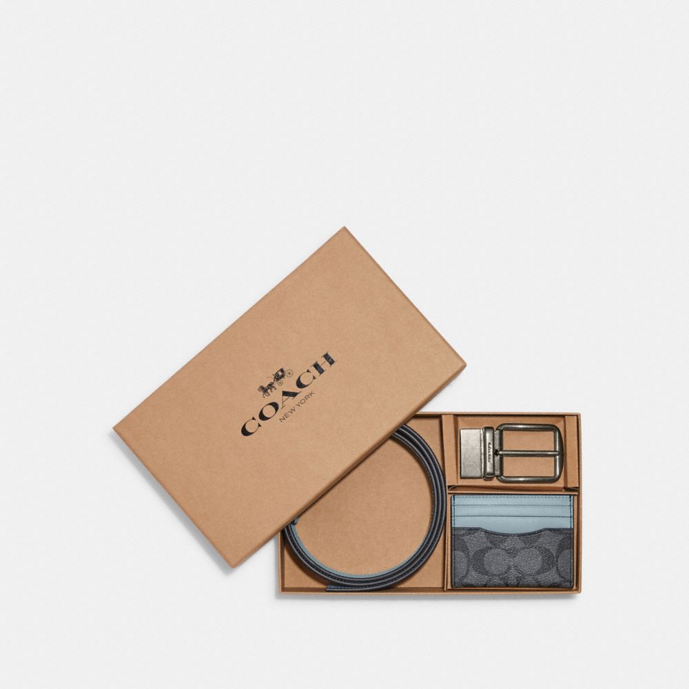 COACH C8278 Boxed Card Case And Belt Gift Set In Colorblock Signature Canvas Gunmetal/Charcoal/Powder Blue