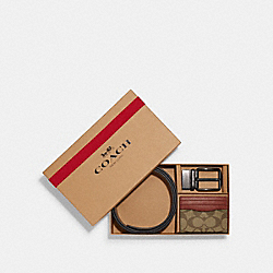 Boxed Card Case And Belt Gift Set In Colorblock Signature Canvas - C8278 - QB/Khaki/Terracotta